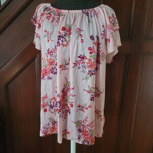Womens Pink Floral Off-Shoulder Blouse 14 16 Terra & Sky Lightweight Top